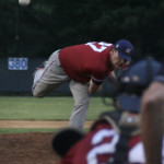 Justin Camp (Auburn) fires a pitch Sunday night in Waynesboro.